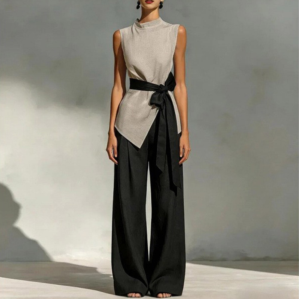 Women'S Lace-Up Sleeveless Contrasting Color Suit Top + Wide Leg Pants Two-Piece Set