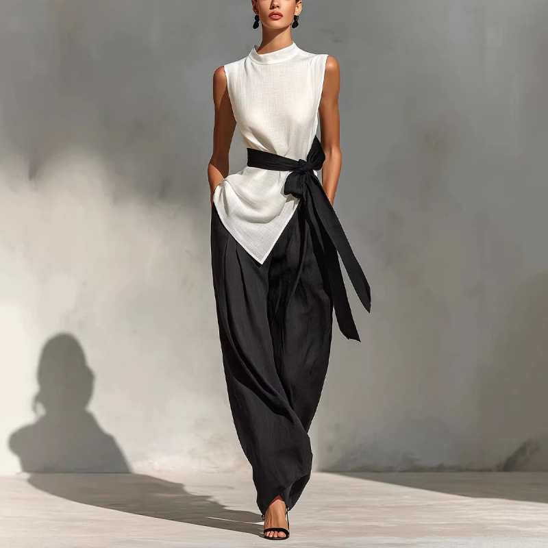 Women'S Lace-Up Sleeveless Contrasting Color Suit Top + Wide Leg Pants Two-Piece Set