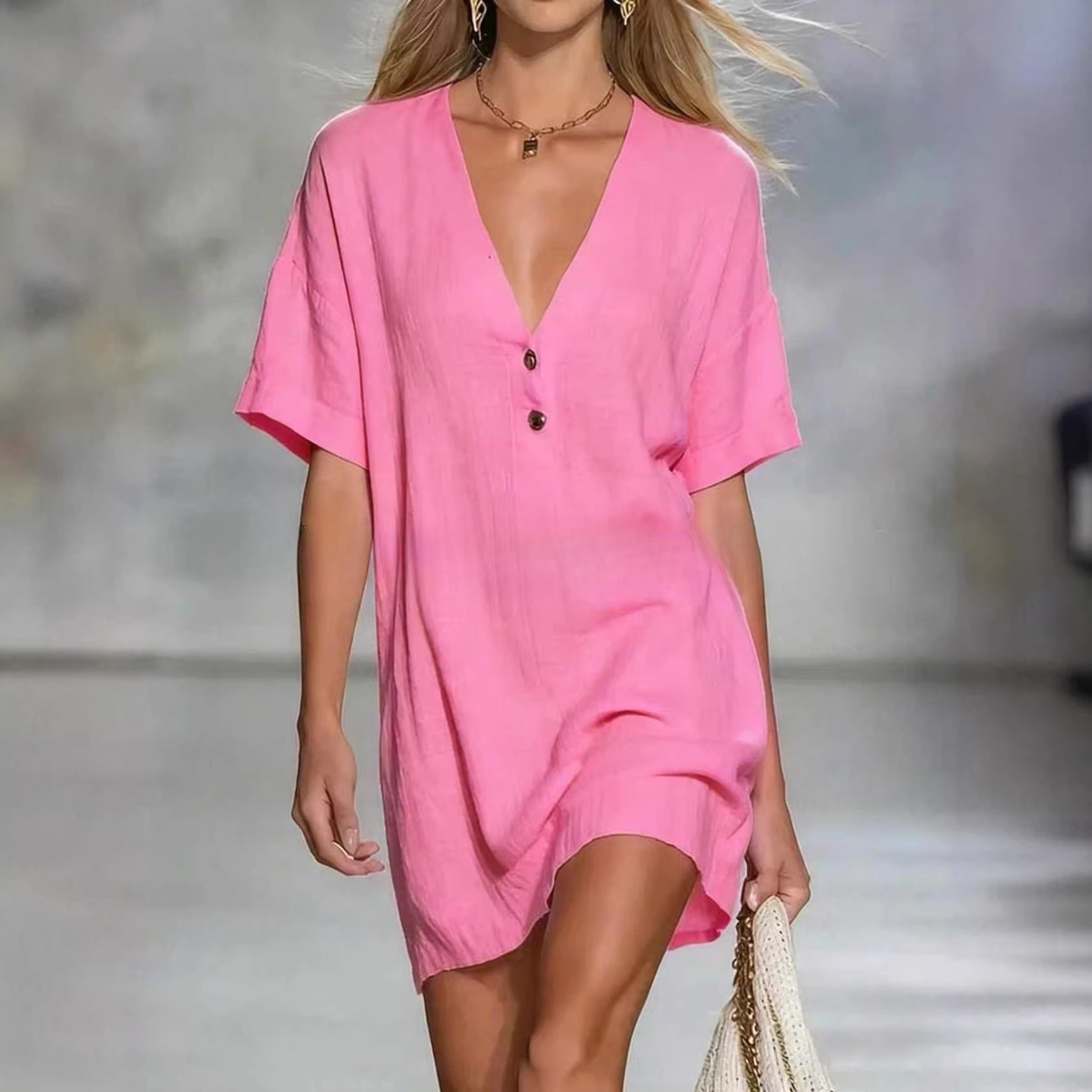 🌿 Effortless Chic Linen-Blend V-Neck Shirt Dress