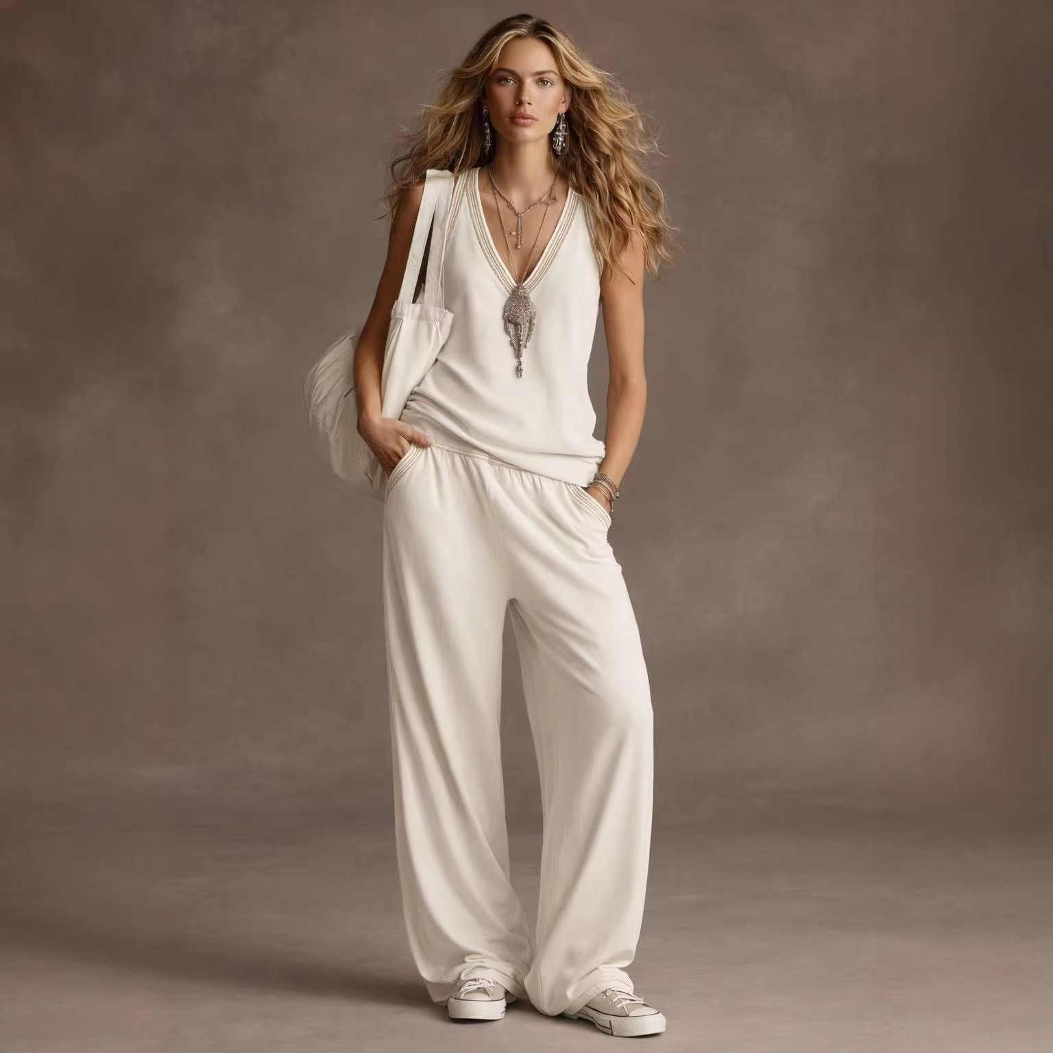 European And American Cross-Border Independent Station New Style Vest V-Neck Sleeveless Wide-Leg Pants Suit Loose Drape Casual Two-Piece Set For Women