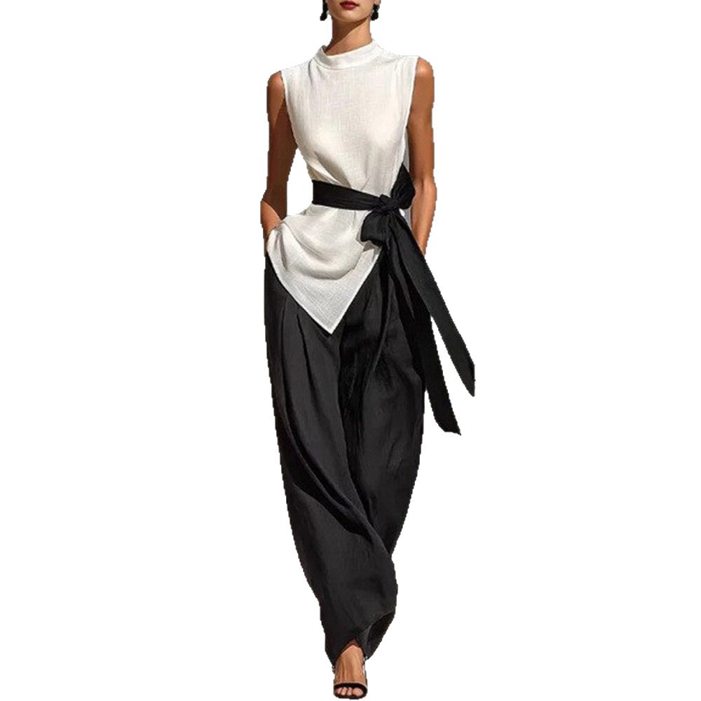 Women'S Lace-Up Sleeveless Contrasting Color Suit Top + Wide Leg Pants Two-Piece Set