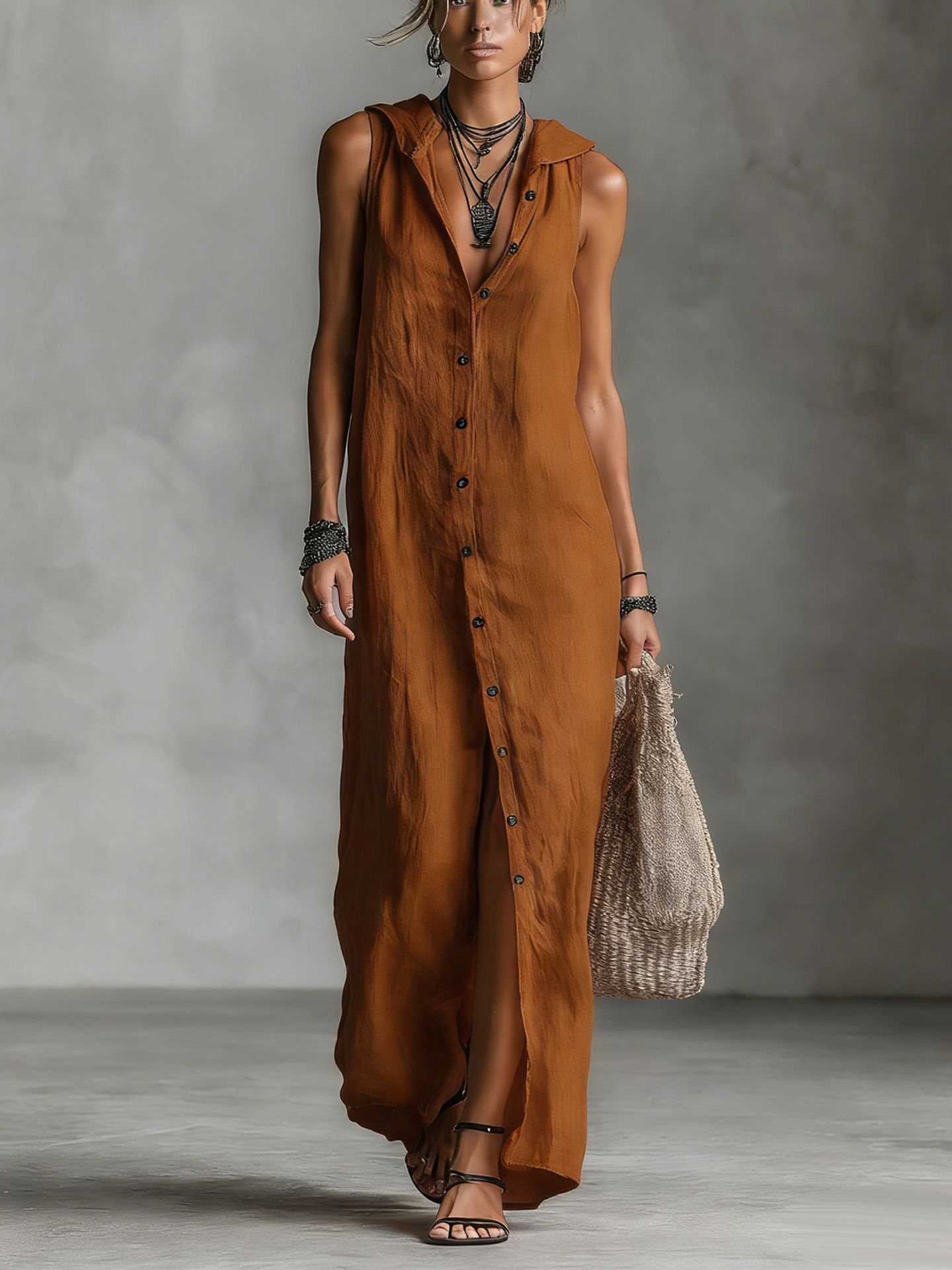 Independent Station 2026 Summer European And American Aliexpress Cross-Border New Style Breasted Dress Sleeveless Hooded Long Skirt Women'S Clothing