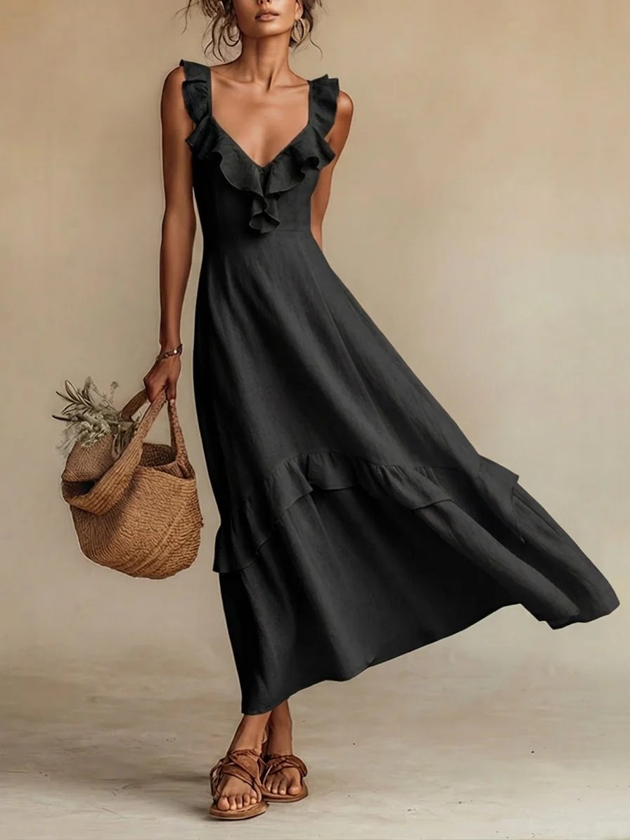 Ruffled Linen Blend Maxi Dress