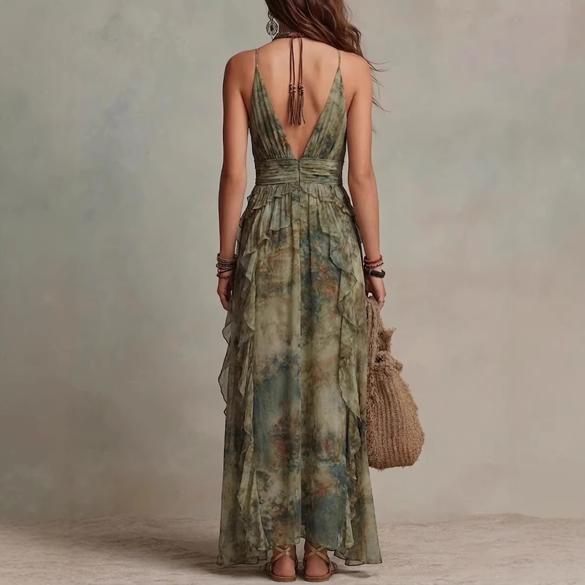 Ethereal Sage Watercolor Ruffled Dress