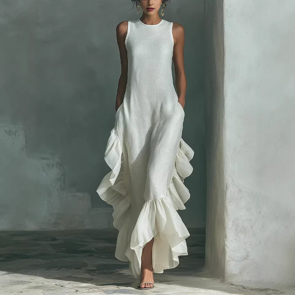 Sleeveless Ruffled Linen Maxi Dress