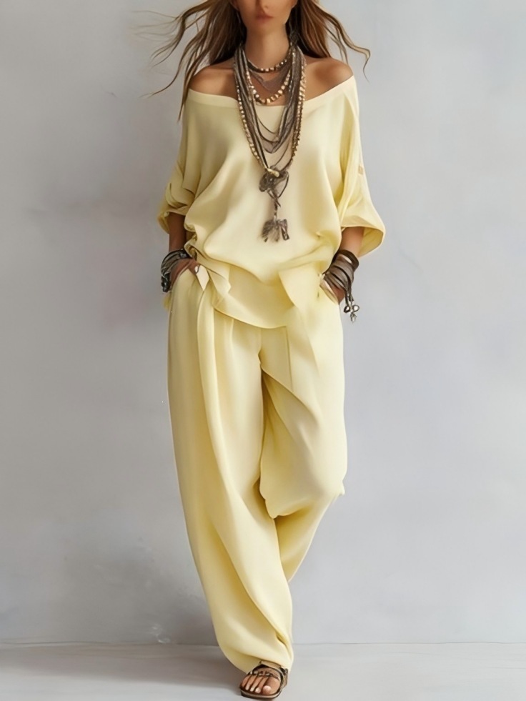  Women'S One-Shoulder Loose Top Wide-Leg Pants Cross-Border Two-Piece Set