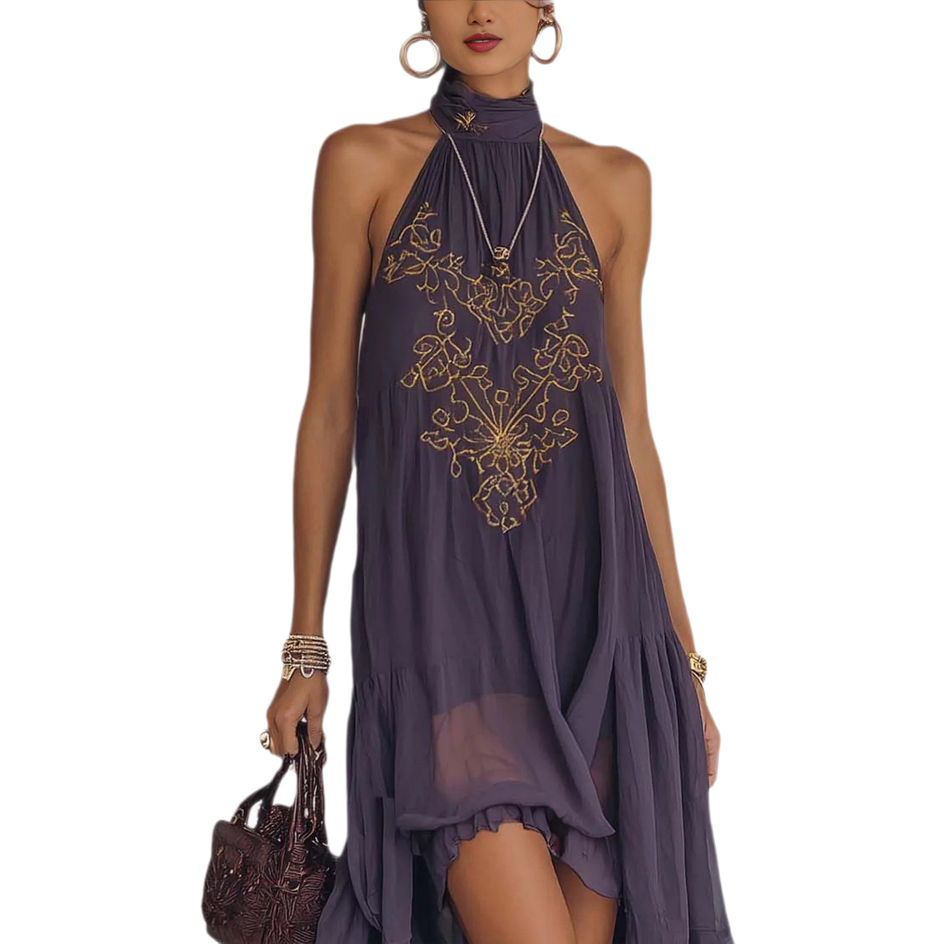  Boho Embroidered High-Low Halter Maxi Dress