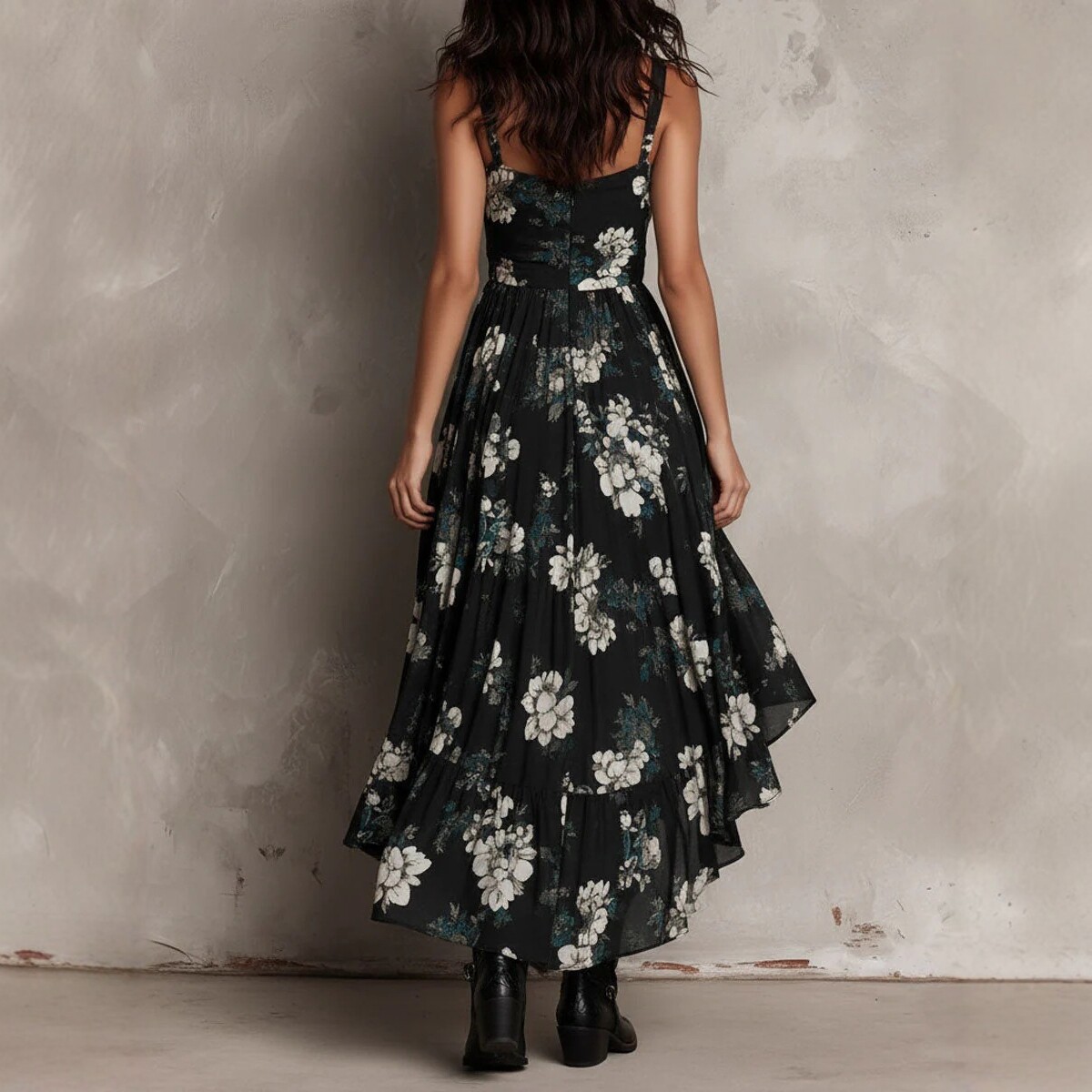 Black Floral High-Low Maxi Dress