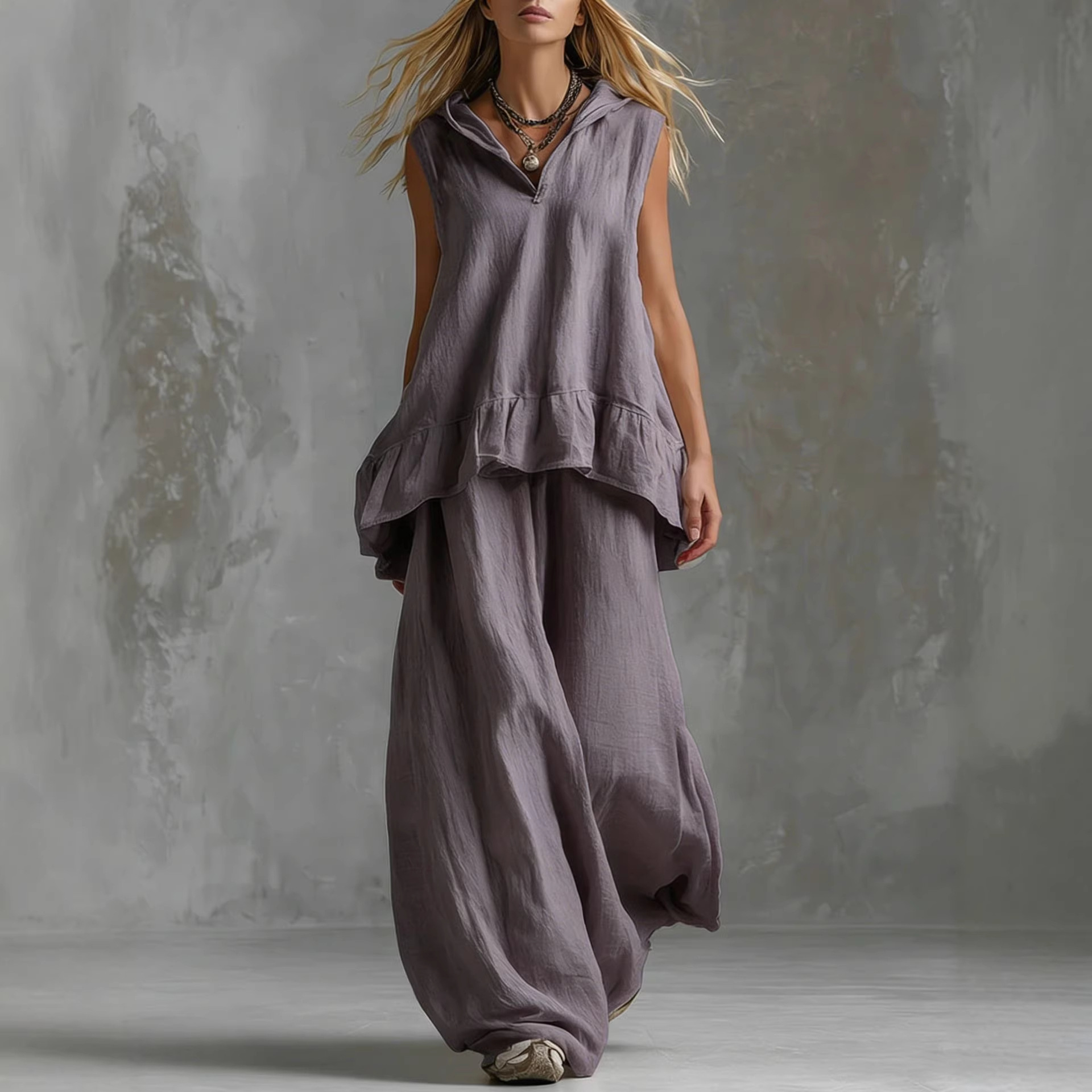 Sleeveless Hooded Textured Two-Piece Set