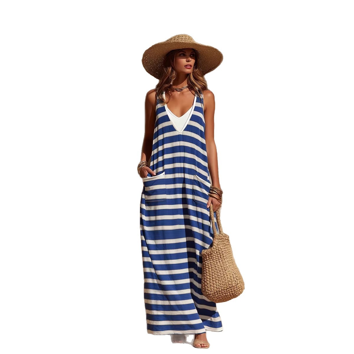 🌊 Blue & White Striped Sleeveless Maxi Dress