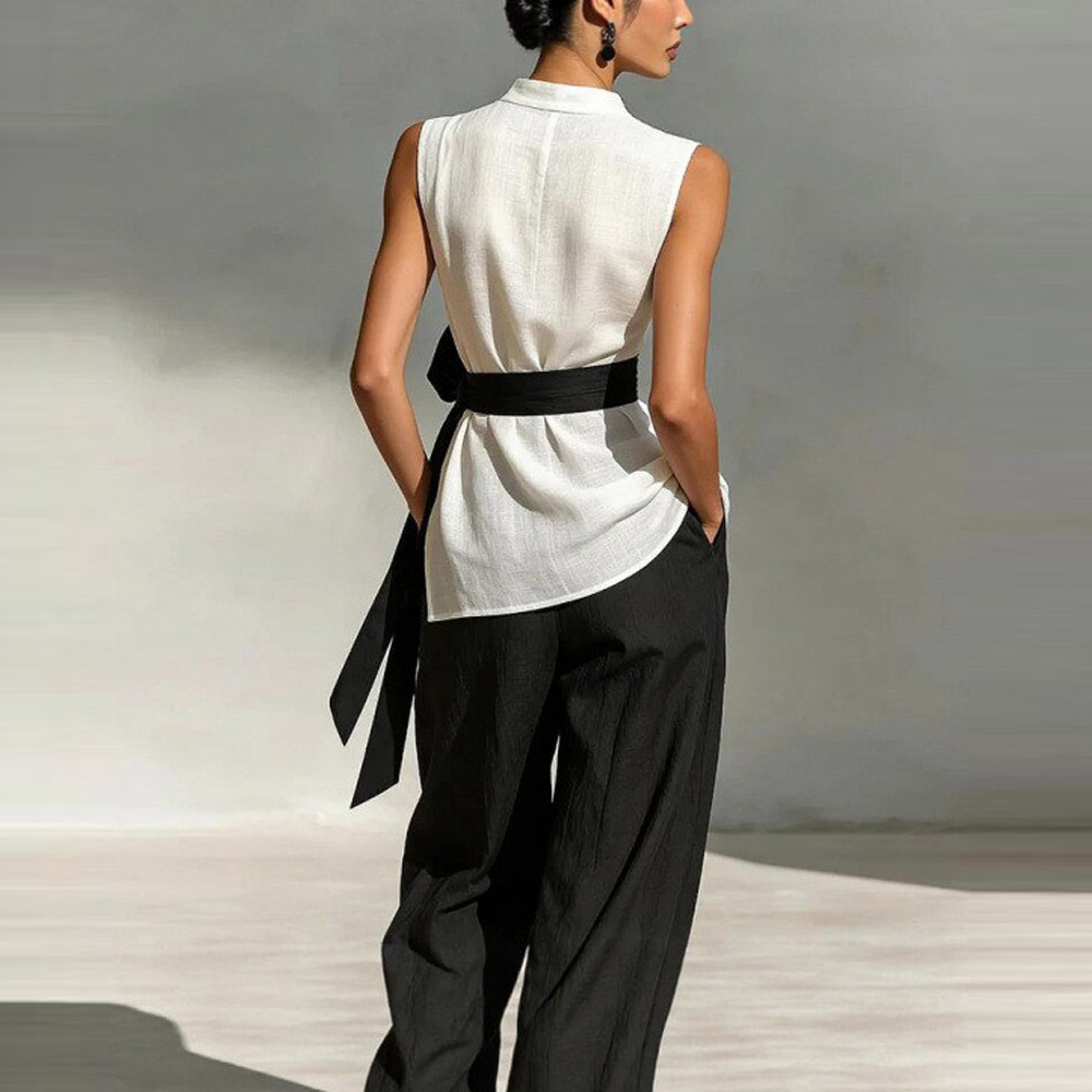 Women'S Lace-Up Sleeveless Contrasting Color Suit Top + Wide Leg Pants Two-Piece Set