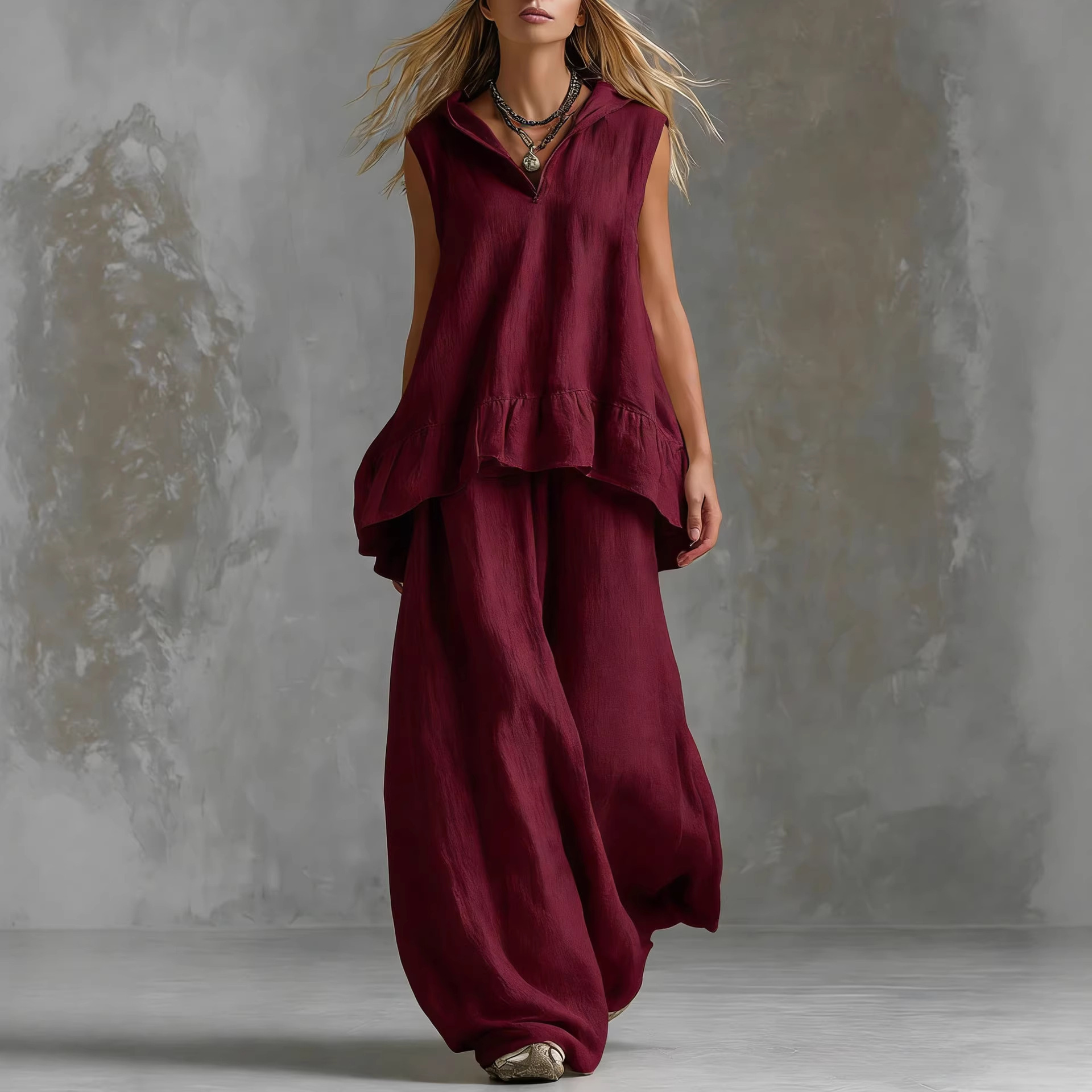 Sleeveless Hooded Textured Two-Piece Set