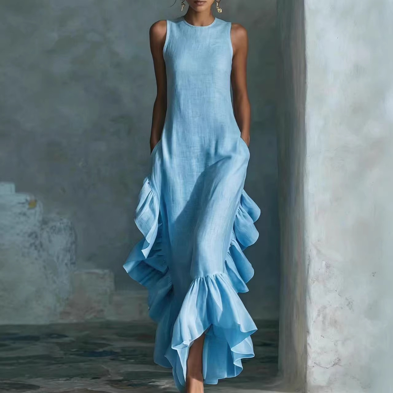 Sleeveless Ruffled Linen Maxi Dress