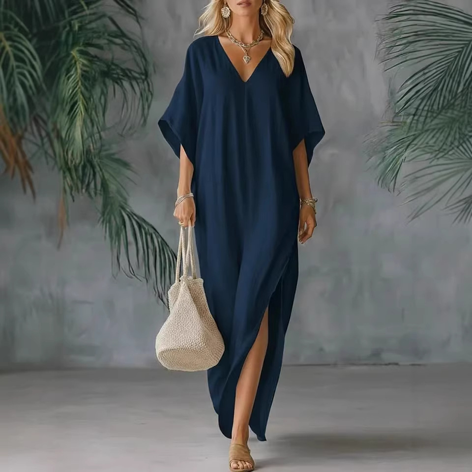 Linen Blend V-Neck Kaftan Maxi Dress
