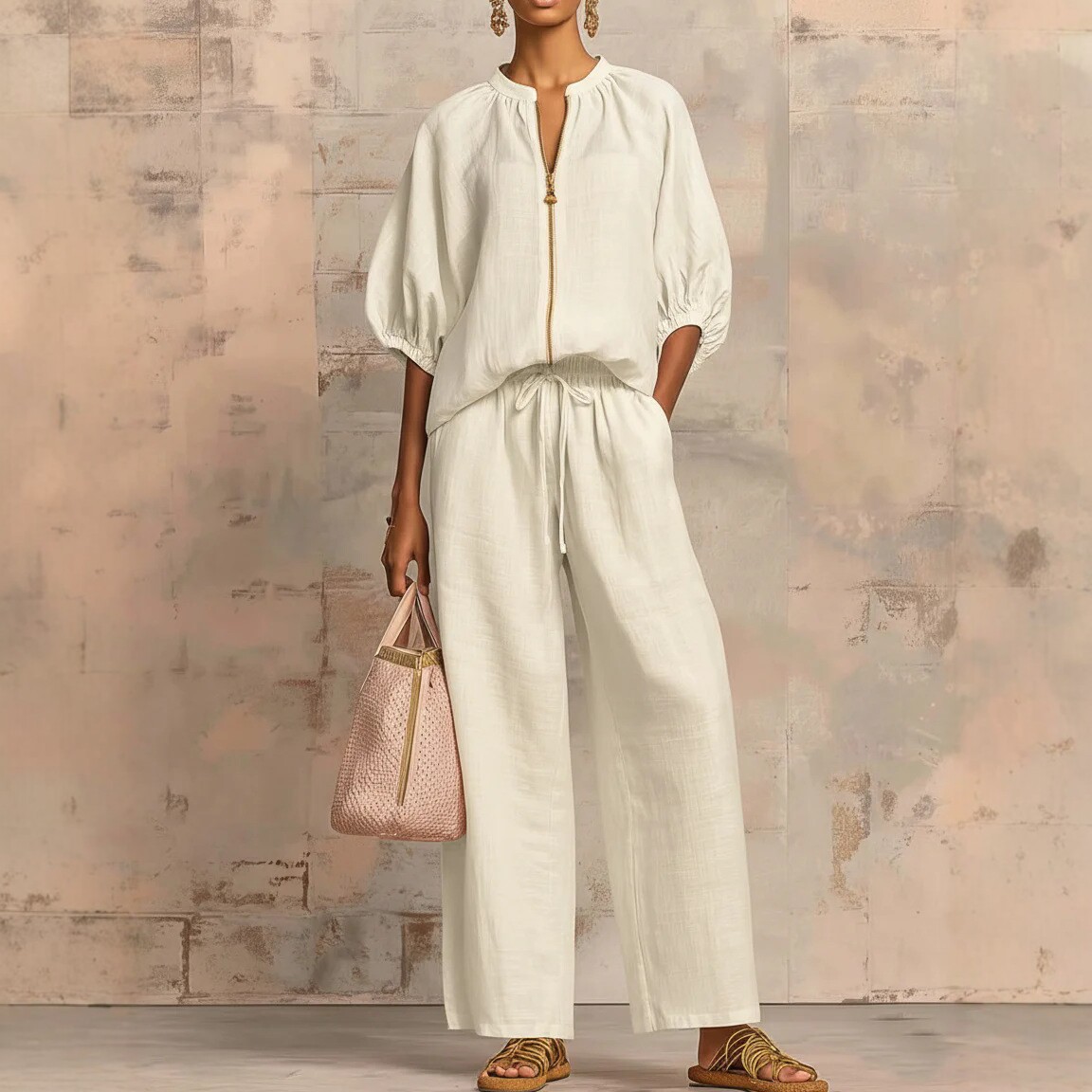 New Arrivals🔥 Stylish Cozy Zipper Shirt & Wide-Leg Pants Linen Cotton Two-Piece Set