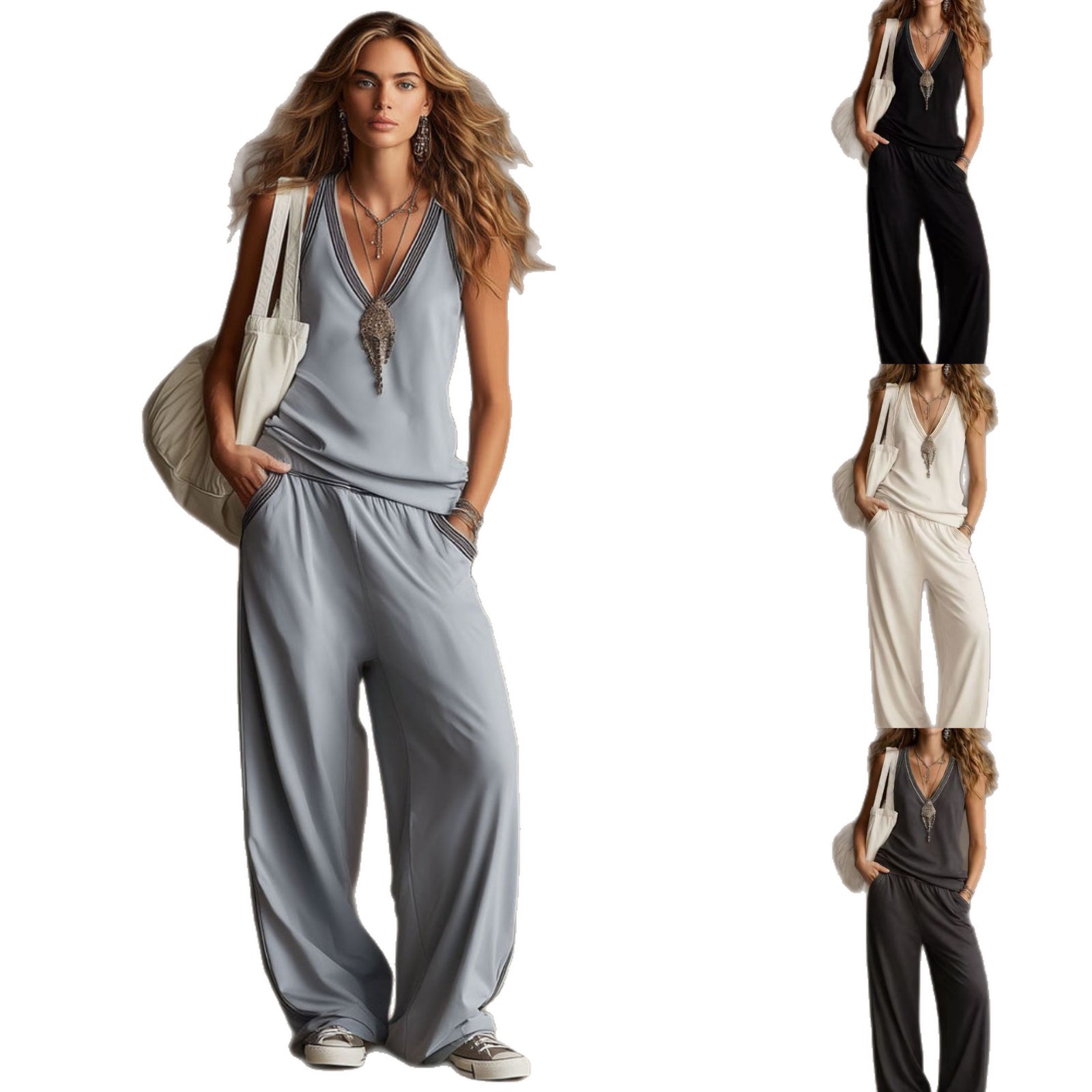 European And American Cross-Border Independent Station New Style Vest V-Neck Sleeveless Wide-Leg Pants Suit Loose Drape Casual Two-Piece Set For Women