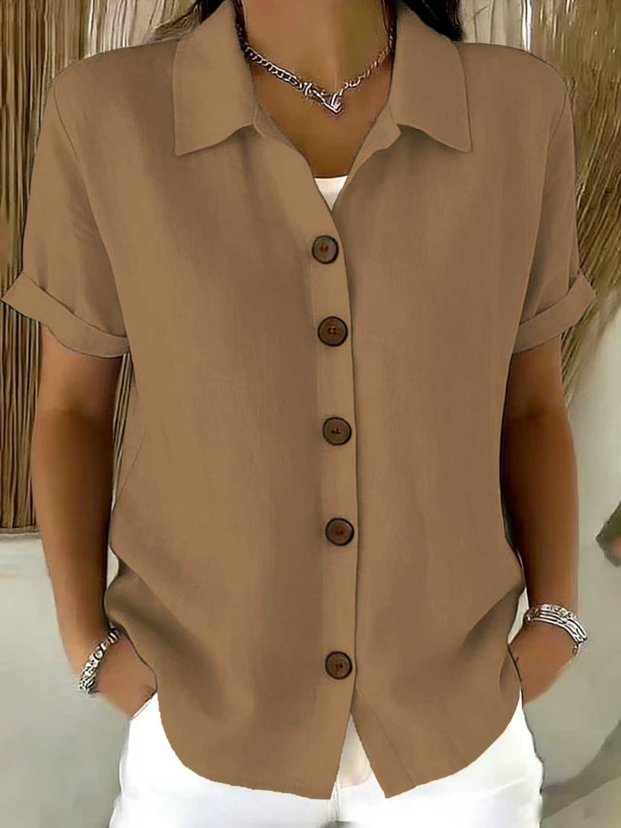 Women's Turn-Down Collar Short Sleeve Linen Shirt