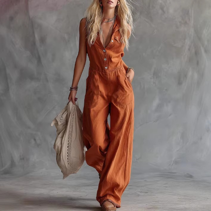 2026 New Amazon Independent Station European And American Casual Fashion Western Style V-Neck Front Button Sleeveless Linen Jumpsuit