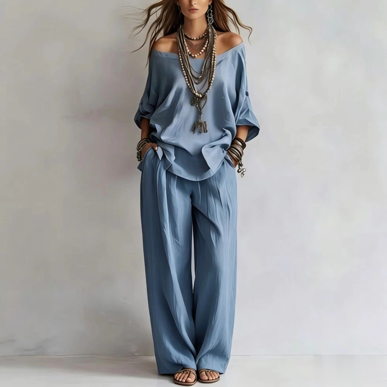  Women'S One-Shoulder Loose Top Wide-Leg Pants Cross-Border Two-Piece Set