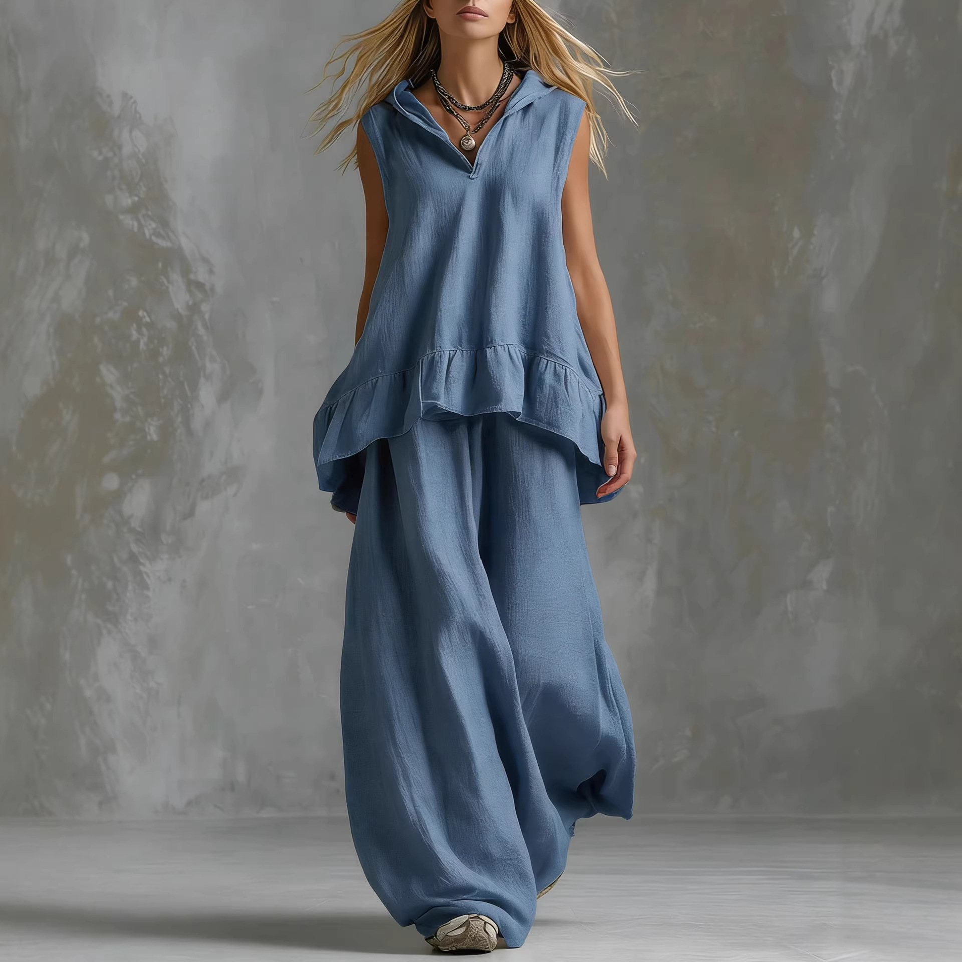 Sleeveless Hooded Textured Two-Piece Set