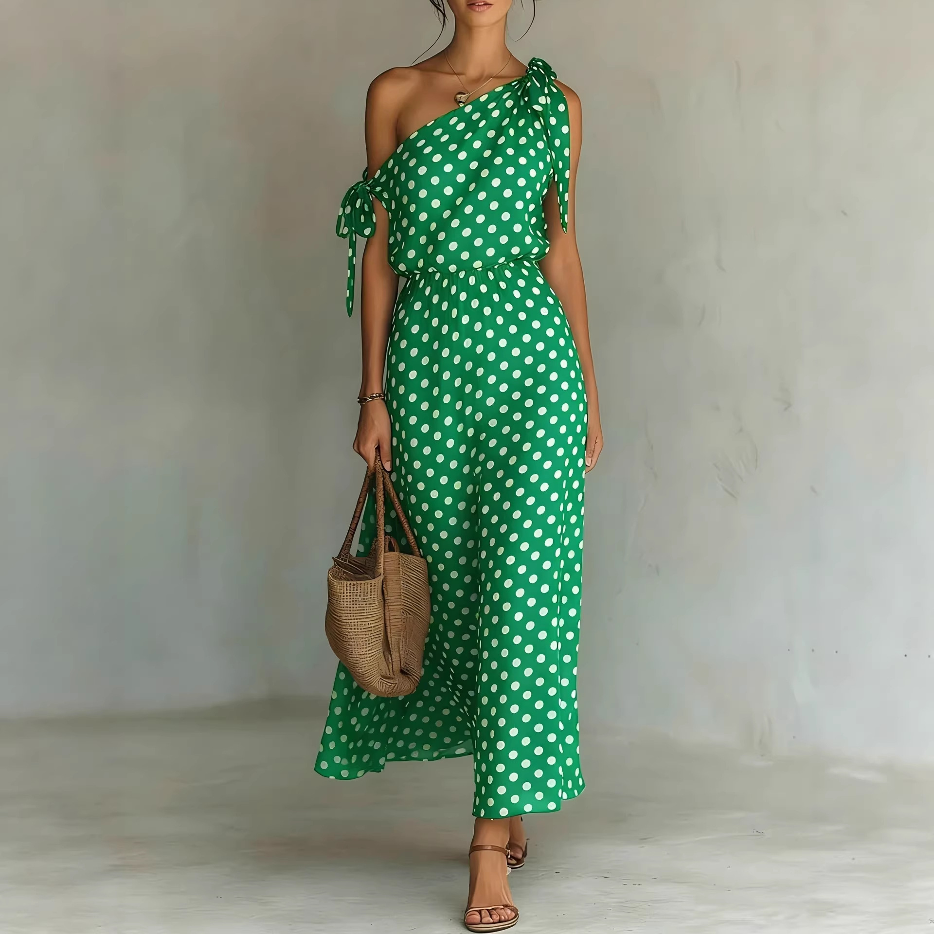 Women's Polka Dot One-Shoulder Maxi Dress