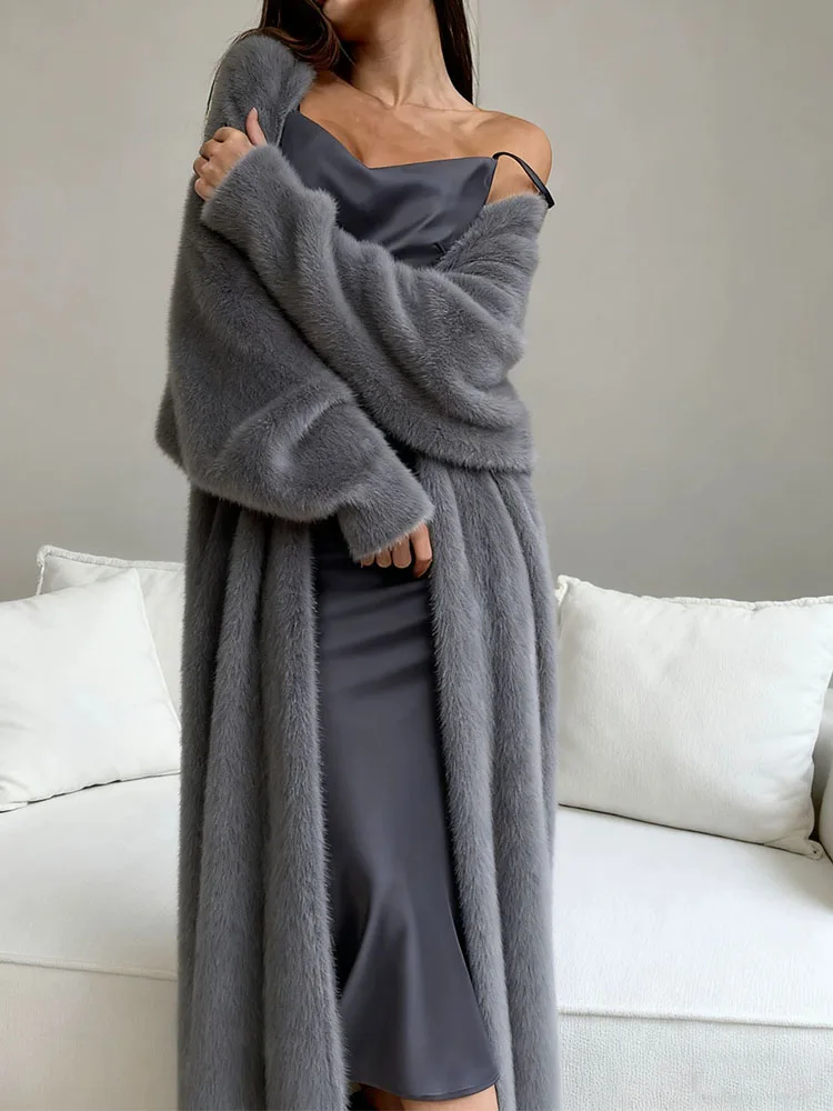 Plush fluffy autumn and winter loose coat women's long cardigan imitation mink white knitted cardigan