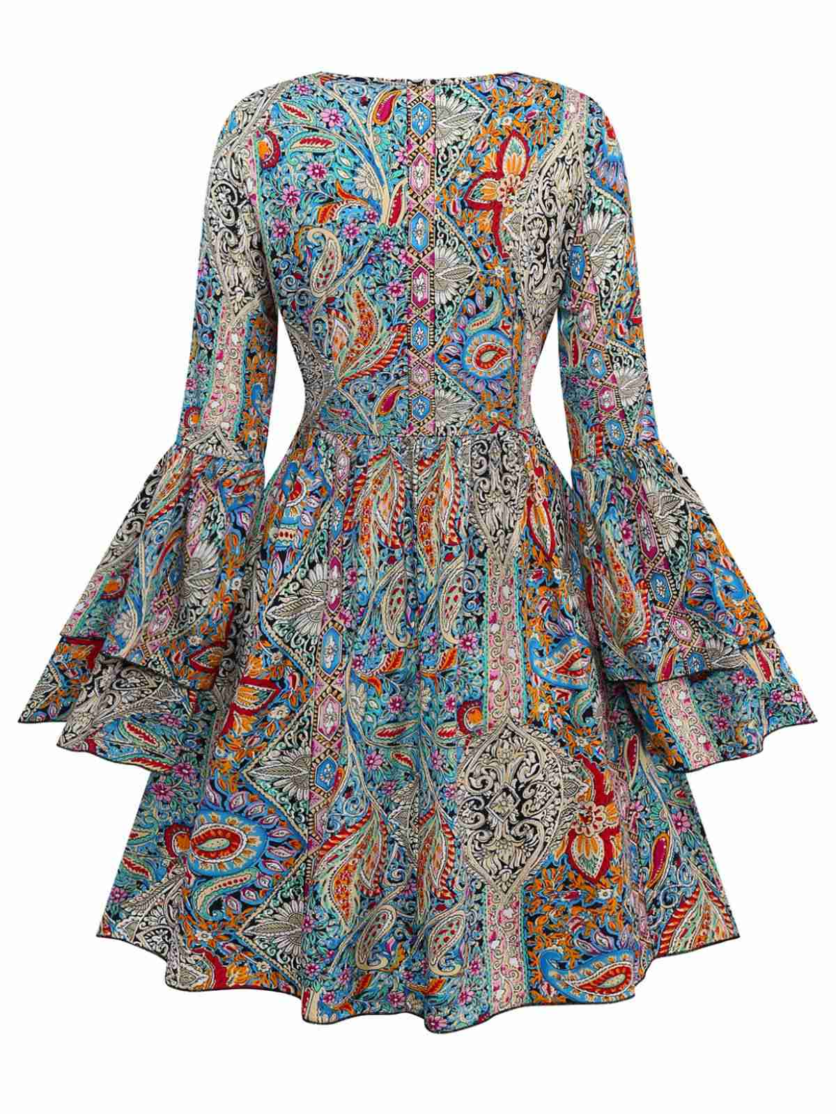 Multicolor 1970s Bohemian Paisley Floral Bell Sleeve Dress