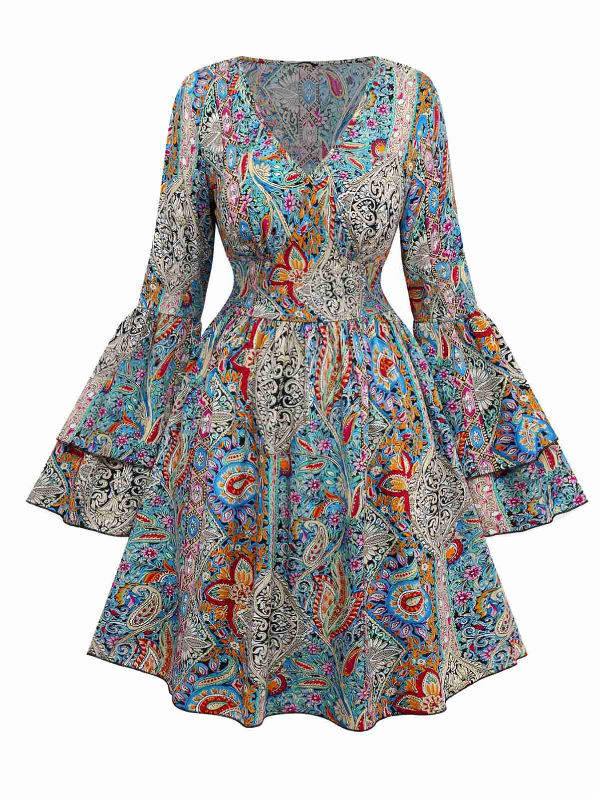 Multicolor 1970s Bohemian Paisley Floral Bell Sleeve Dress