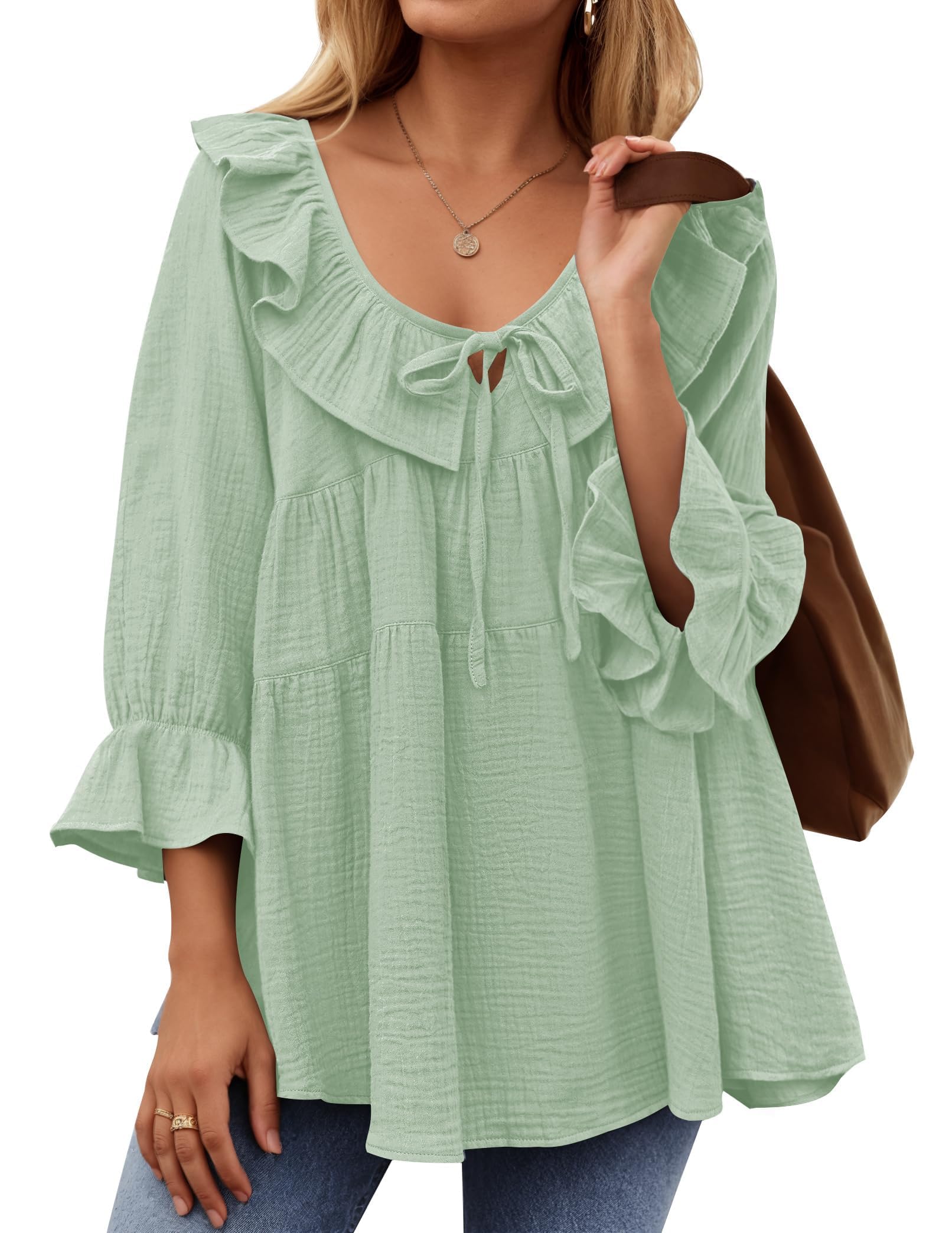 2025 New Women’s Scoop Neck 3/4 Length Sleeve Tie Front Ruffle Tiered Tunic Shirts(buy 2 free shipping!!!)
