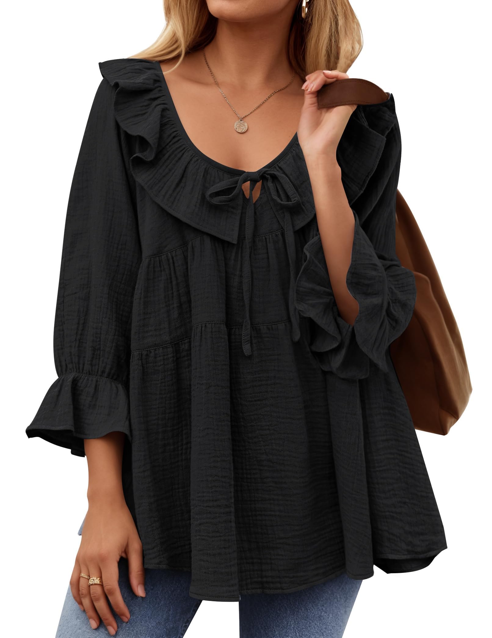 2025 New Women’s Scoop Neck 3/4 Length Sleeve Tie Front Ruffle Tiered Tunic Shirts(buy 2 free shipping!!!)