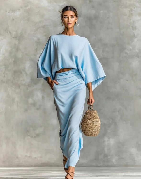 Linen Blend Batwing Sleeve Loose Top and Casual Pocket Maxi Skirt Set