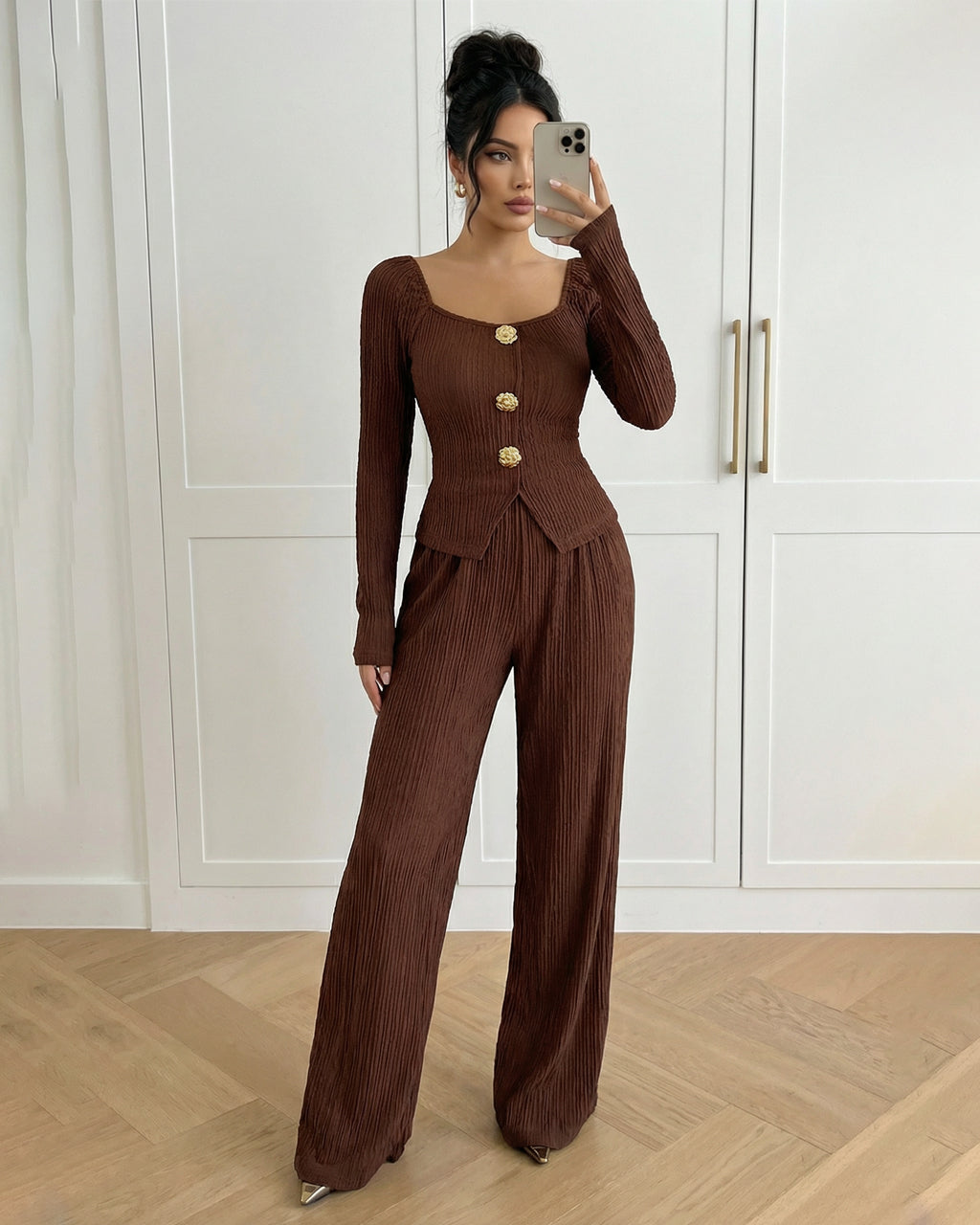 Dark Brown Ribbed Knit Top Wide Leg Pants Set