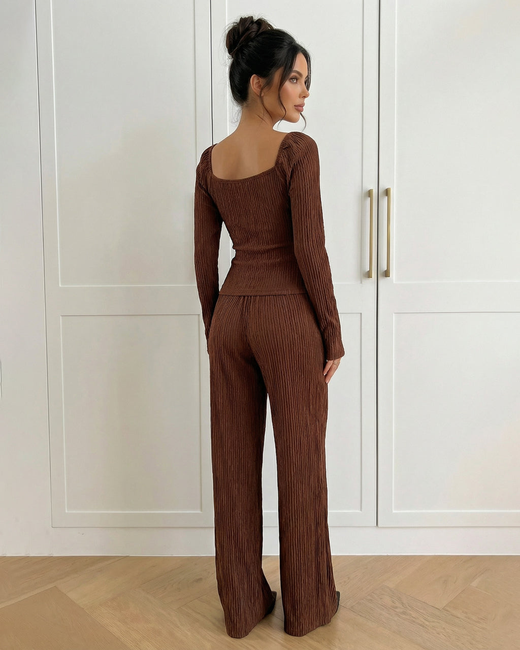 Dark Brown Ribbed Knit Top Wide Leg Pants Set