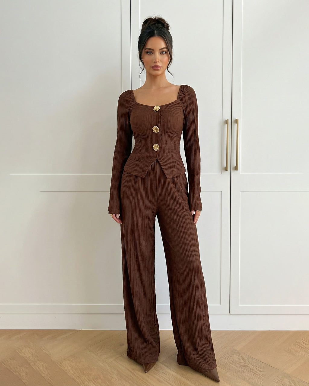 Dark Brown Ribbed Knit Top Wide Leg Pants Set