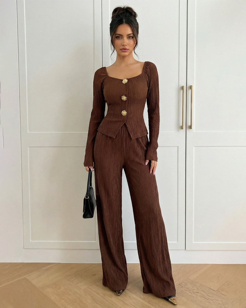 Dark Brown Ribbed Knit Top Wide Leg Pants Set