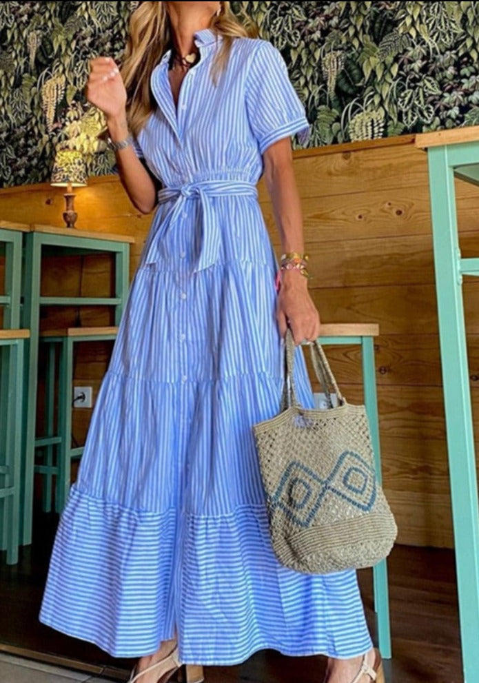 Fashionable Striped Print Short-Sleeved Loose Maxi Dress