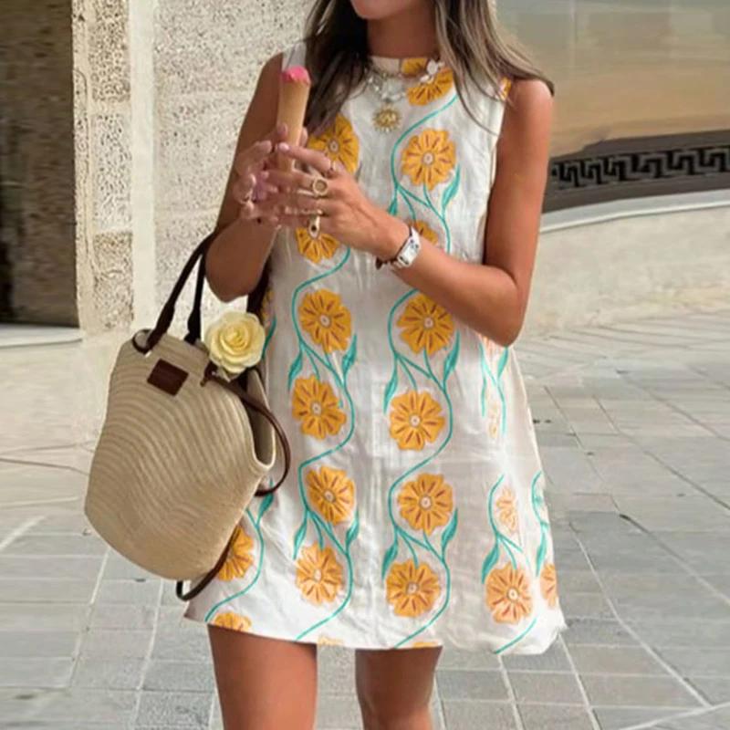 Elegant O-neck Sleeveless Loose Mini Dress 2025 Women Fashion Flower Print Holiday Party Dress Summer Casual Bohemian Vest Dress