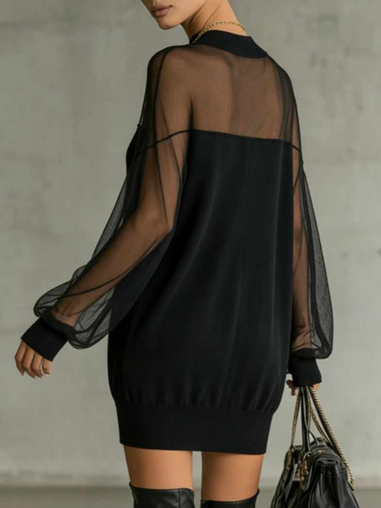 Black Sheer Mesh Sleeve High‑Neck Mini Dress