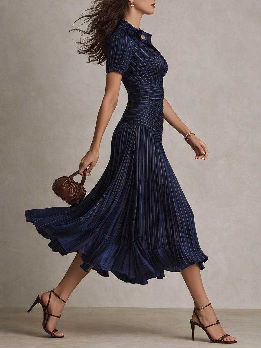 Navy Blue Striped Shirt Collar Satin Pleated Midi Dress