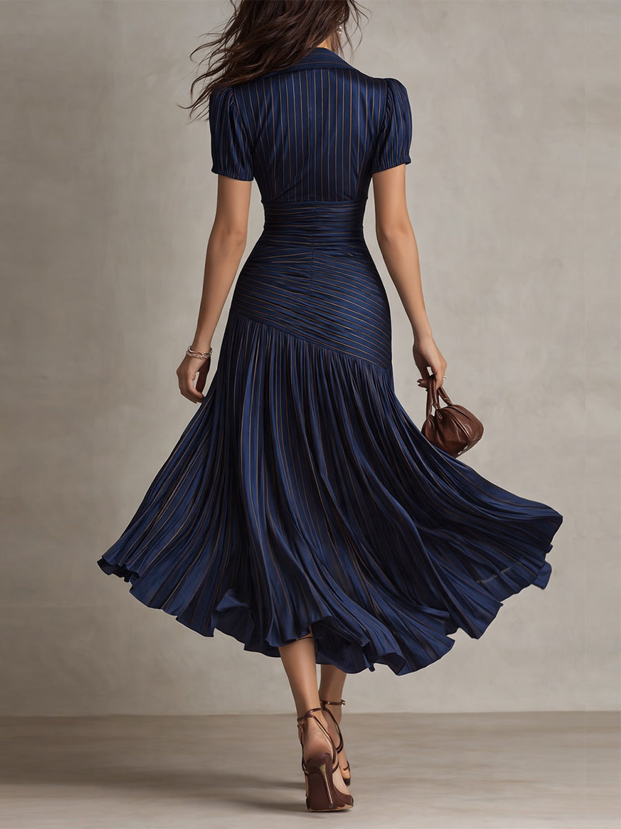 Navy Blue Striped Shirt Collar Satin Pleated Midi Dress