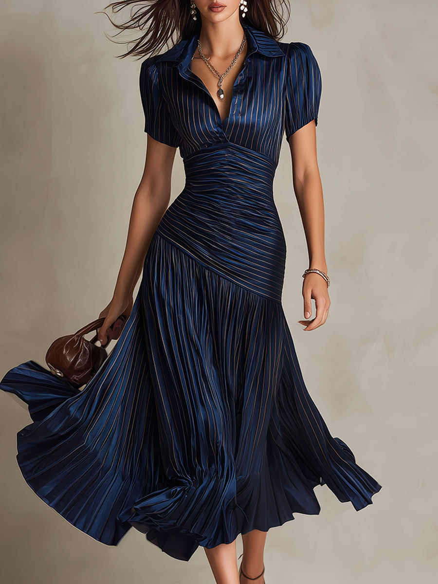 Navy Blue Striped Shirt Collar Satin Pleated Midi Dress