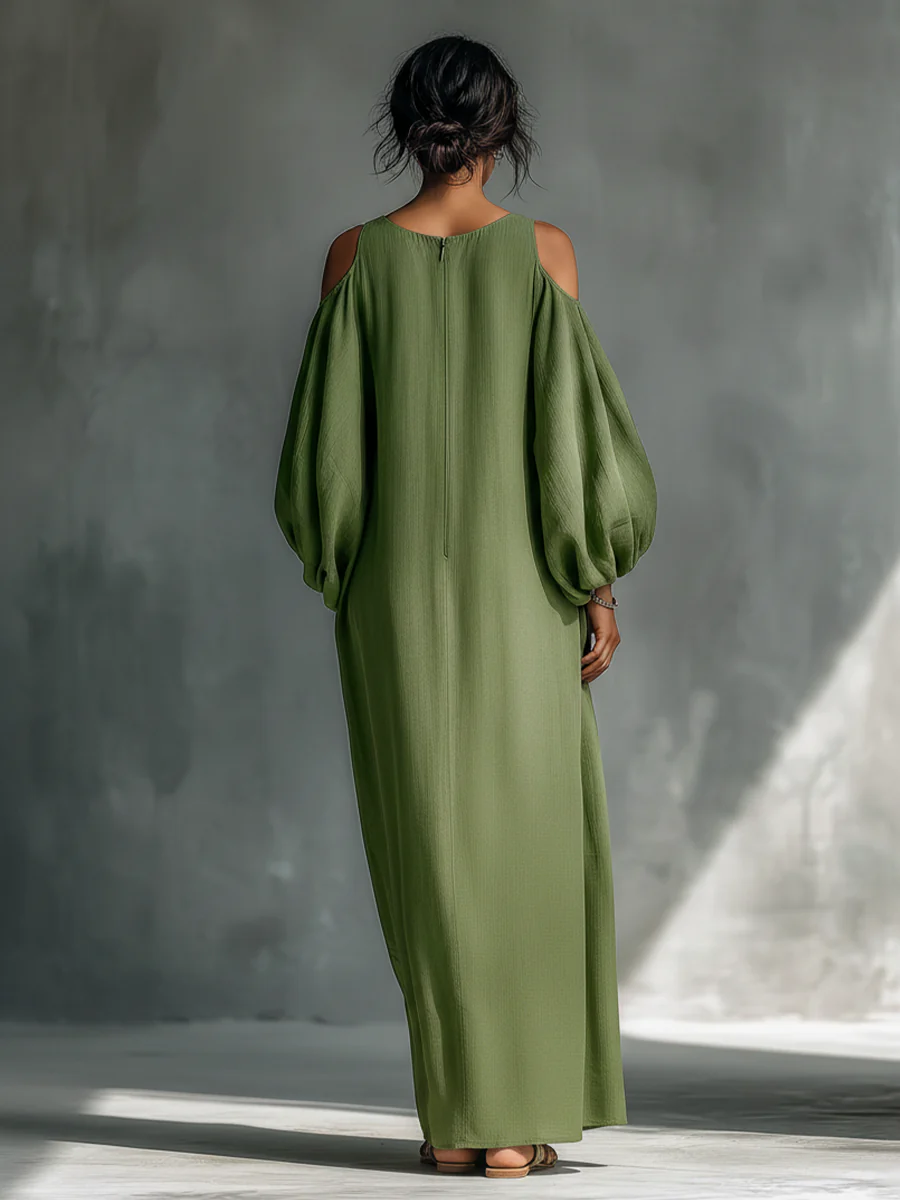 Green Off-shoulder Oversized Puff Sleeve Maxi Dress