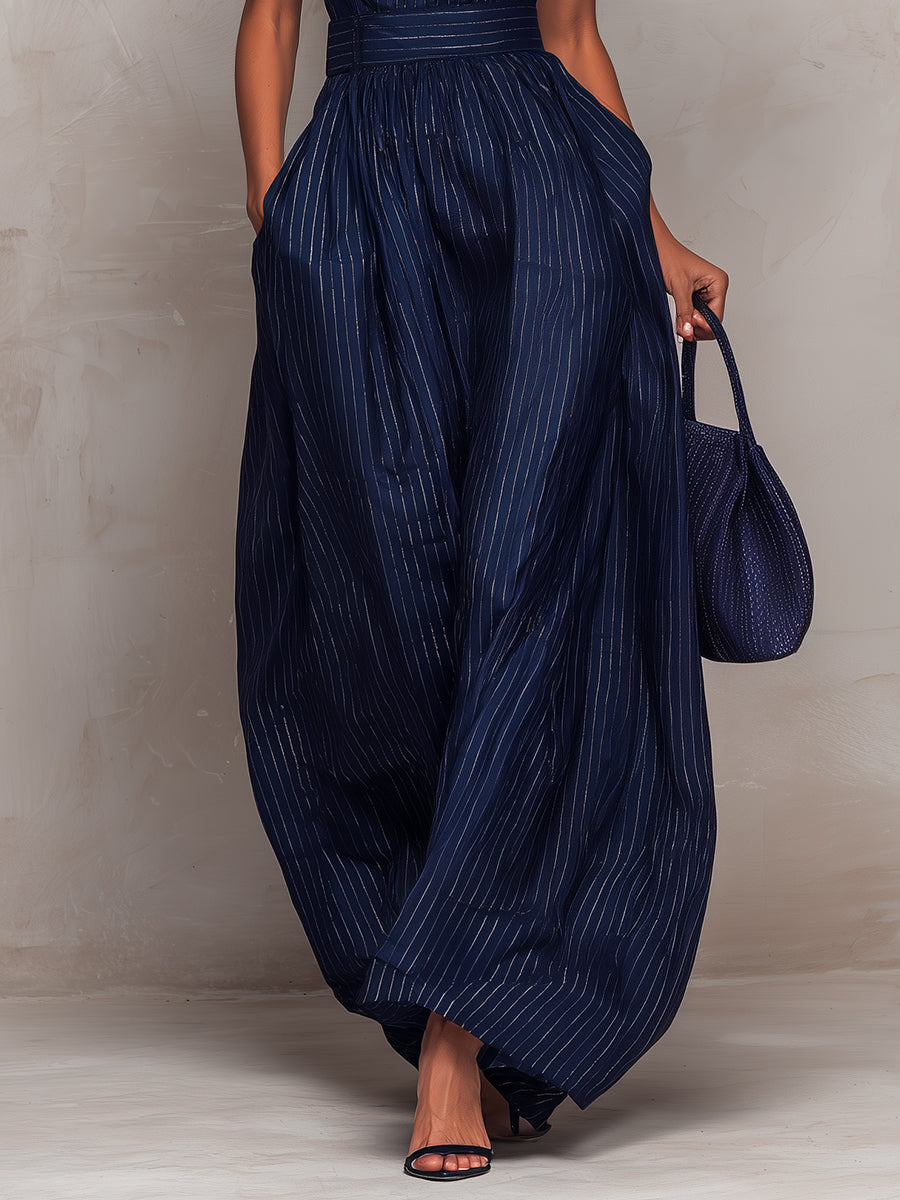 Dark Blue Striped Keyhole Neckline Wide-leg Jumpsuit