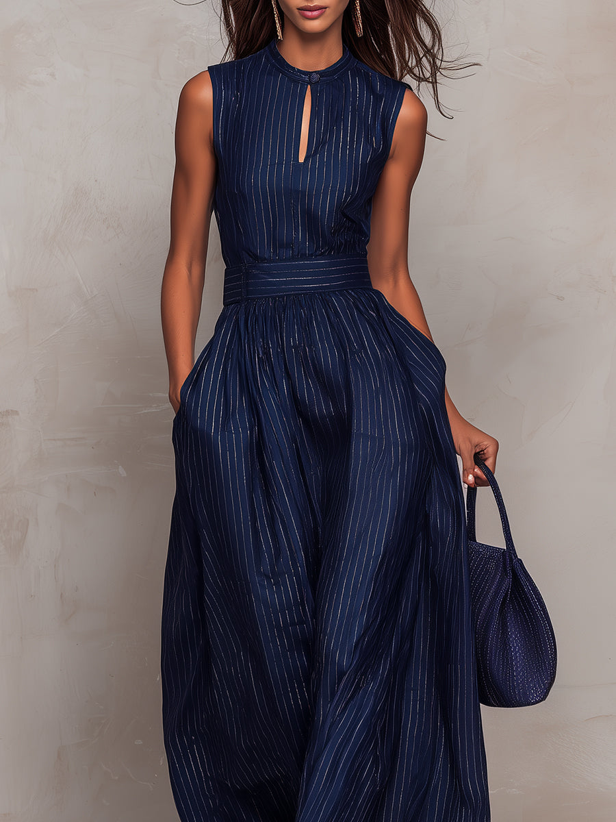 Dark Blue Striped Keyhole Neckline Wide-leg Jumpsuit