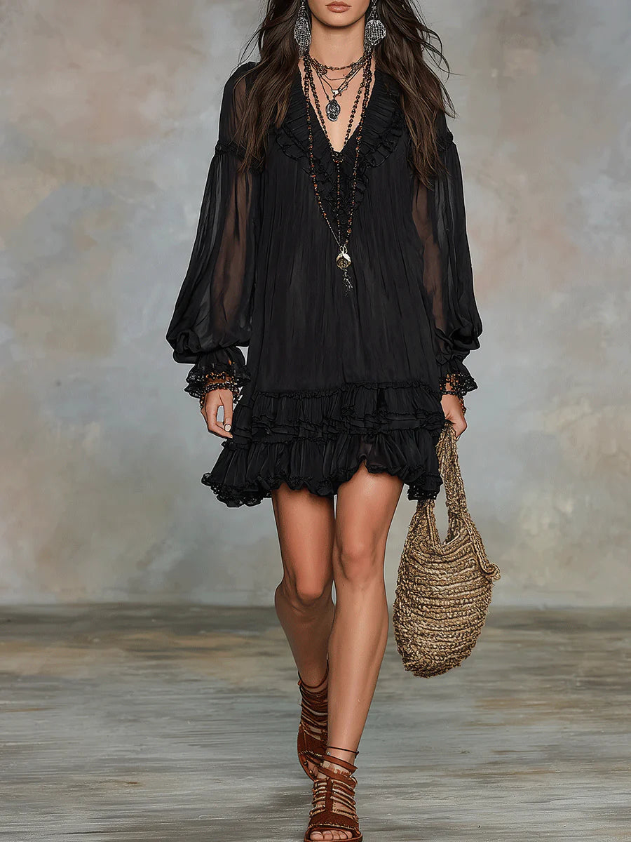 Black V-neck Lantern Sleeve Ruffled Chiffon Mini Dress