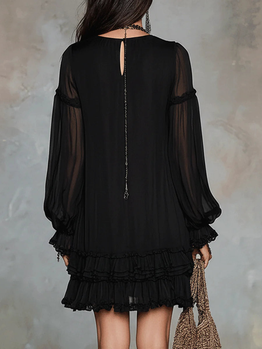 Black V-neck Lantern Sleeve Ruffled Chiffon Mini Dress