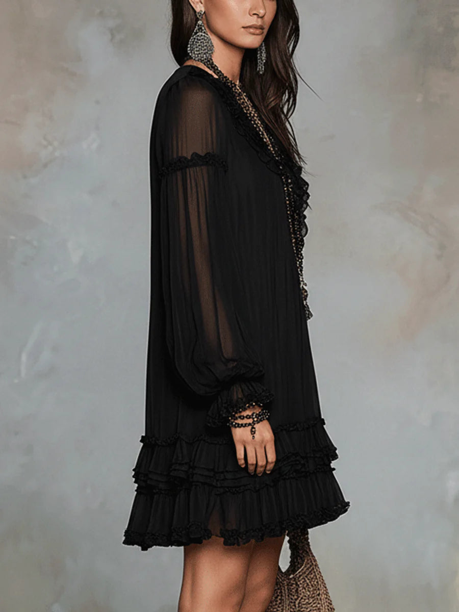 Black V-neck Lantern Sleeve Ruffled Chiffon Mini Dress