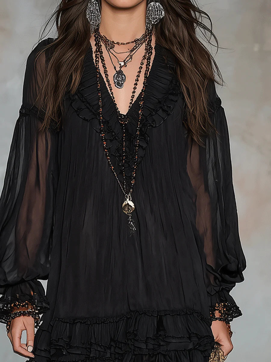 Black V-neck Lantern Sleeve Ruffled Chiffon Mini Dress