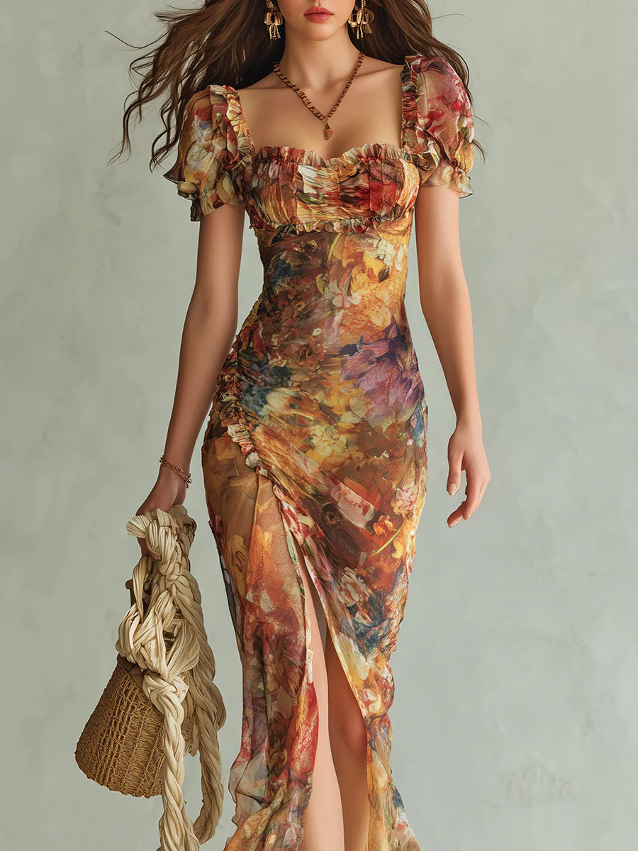 Orange Bohemian Holiday Oil Painting Print Chiffon Maxi Dress