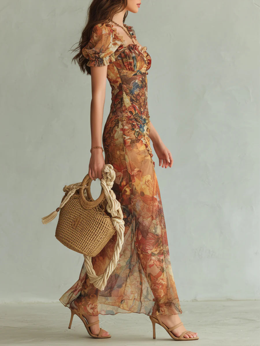 Orange Bohemian Holiday Oil Painting Print Chiffon Maxi Dress